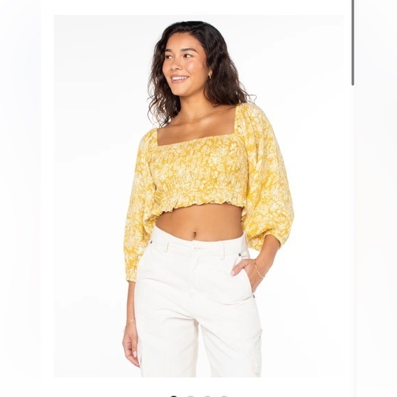 Roxy Tops - New Roxy Sorento Shores Solid Cropped Top Boho Floral Balloon Sleeve Orange M